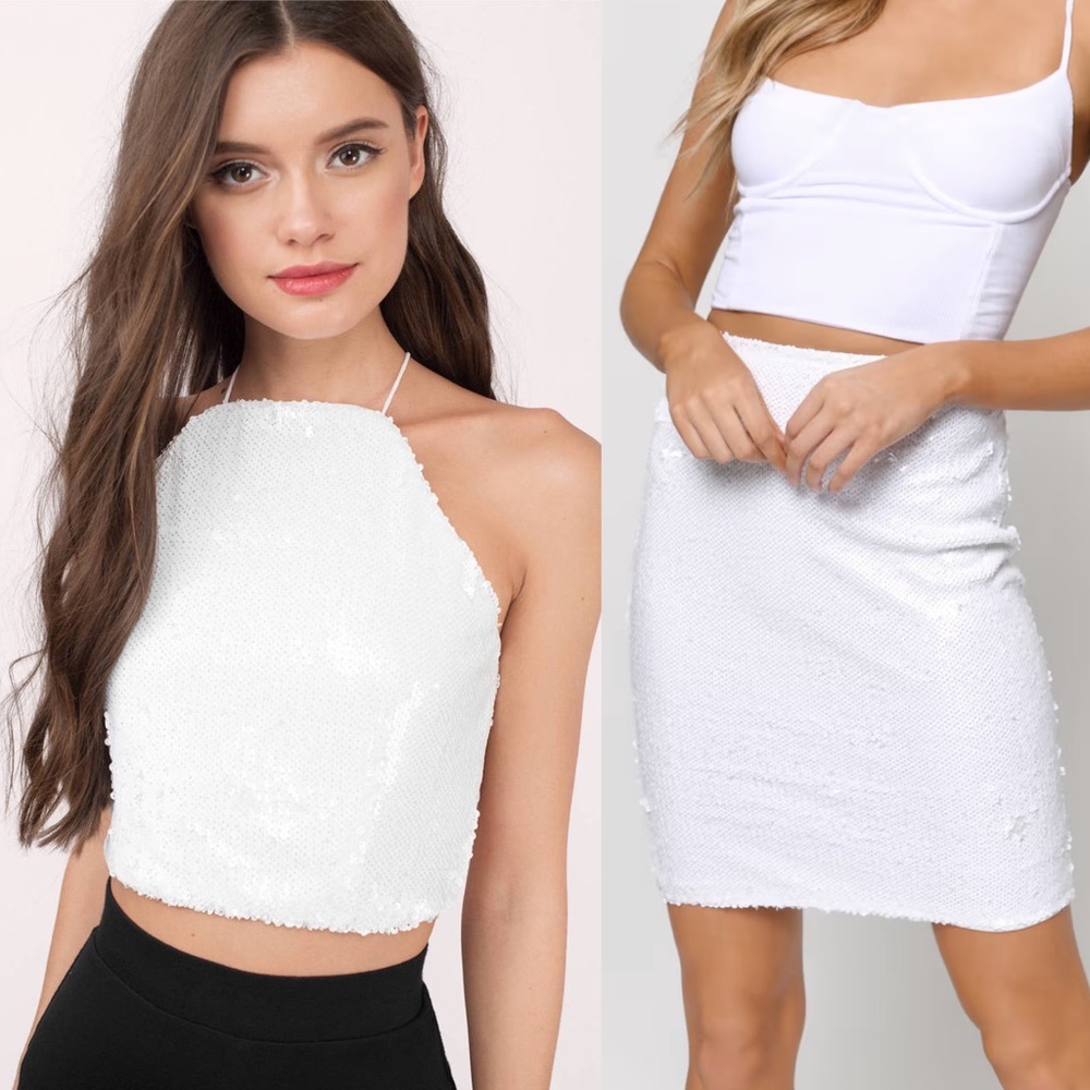 Tobi Club Life White Sequin Crop Top Midi Skirt Set White S M